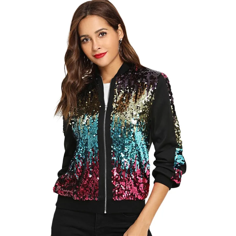 Stylish Women's Zip-up Bomber Jacket With Basic Sequin For Autumn