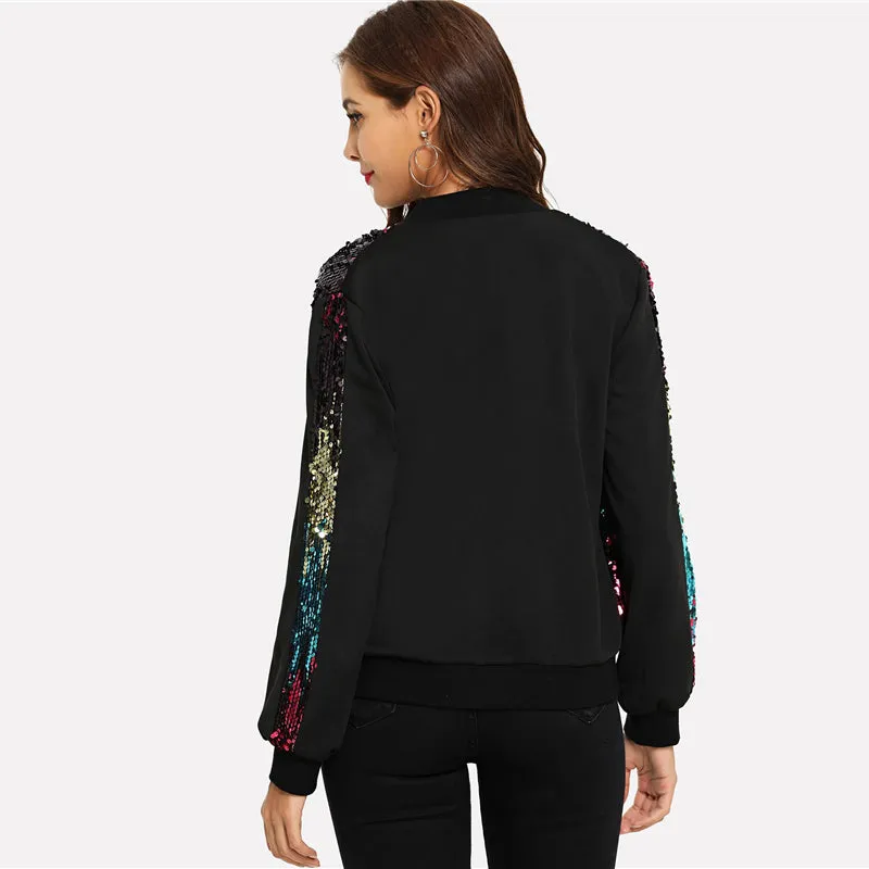 Stylish Women's Zip-up Bomber Jacket With Basic Sequin For Autumn