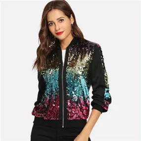 Stylish Women's Zip-up Bomber Jacket With Basic Sequin For Autumn