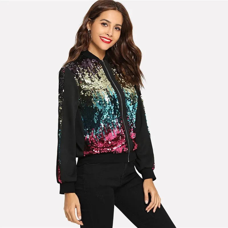 Stylish Women's Zip-up Bomber Jacket With Basic Sequin For Autumn