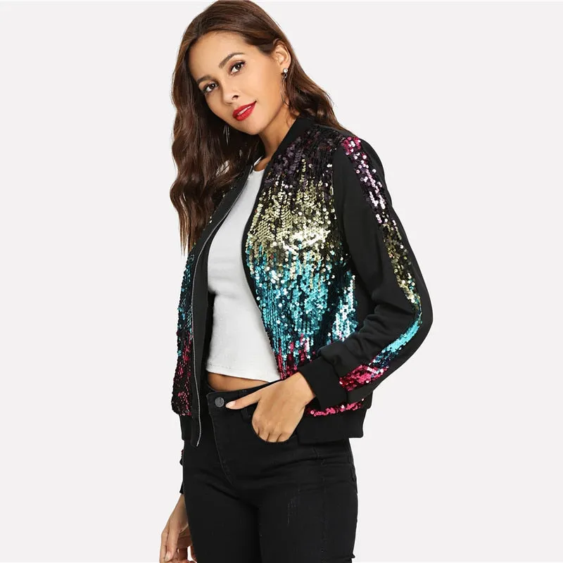 Stylish Women's Zip-up Bomber Jacket With Basic Sequin For Autumn