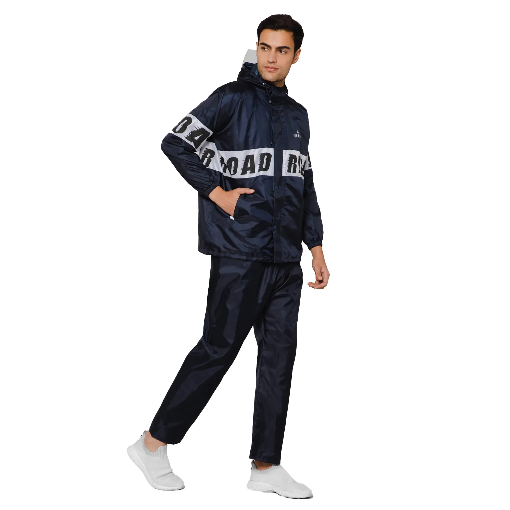 THE CLOWNFISH Road Rider Men's Waterproof Raincoat Polyester Double Coating Reversible Rain Suit with Hood & Inner Mobile Pocket. Set of Top and Bottom. Printed Plastic Pouch (Navy Blue, X-Large)