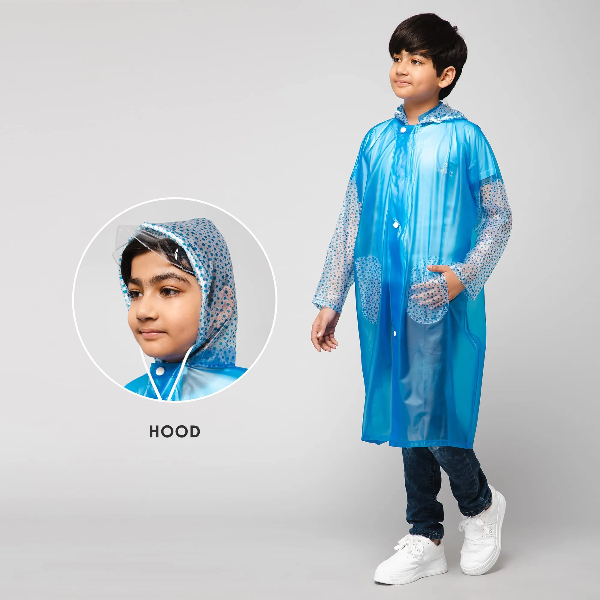 THE CLOWNFISH Storm Shield Series Unisex Kids Waterproof Single Layer PVC Longcoat/Raincoat with Adjustable Hood. Age-13-14 Years (Transparent White)