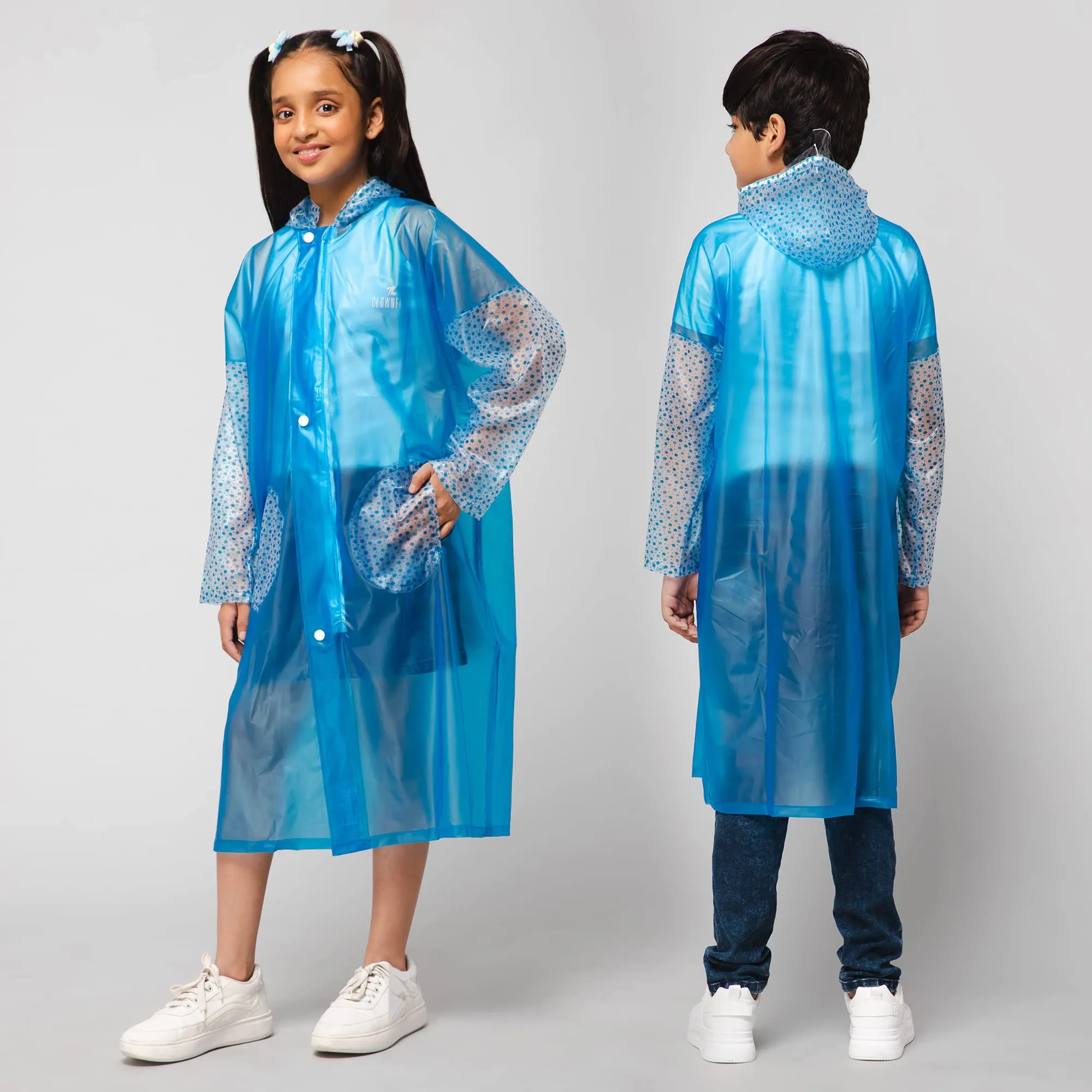 THE CLOWNFISH Storm Shield Series Unisex Kids Waterproof Single Layer PVC Longcoat/Raincoat with Adjustable Hood. Age-13-14 Years (Transparent White)