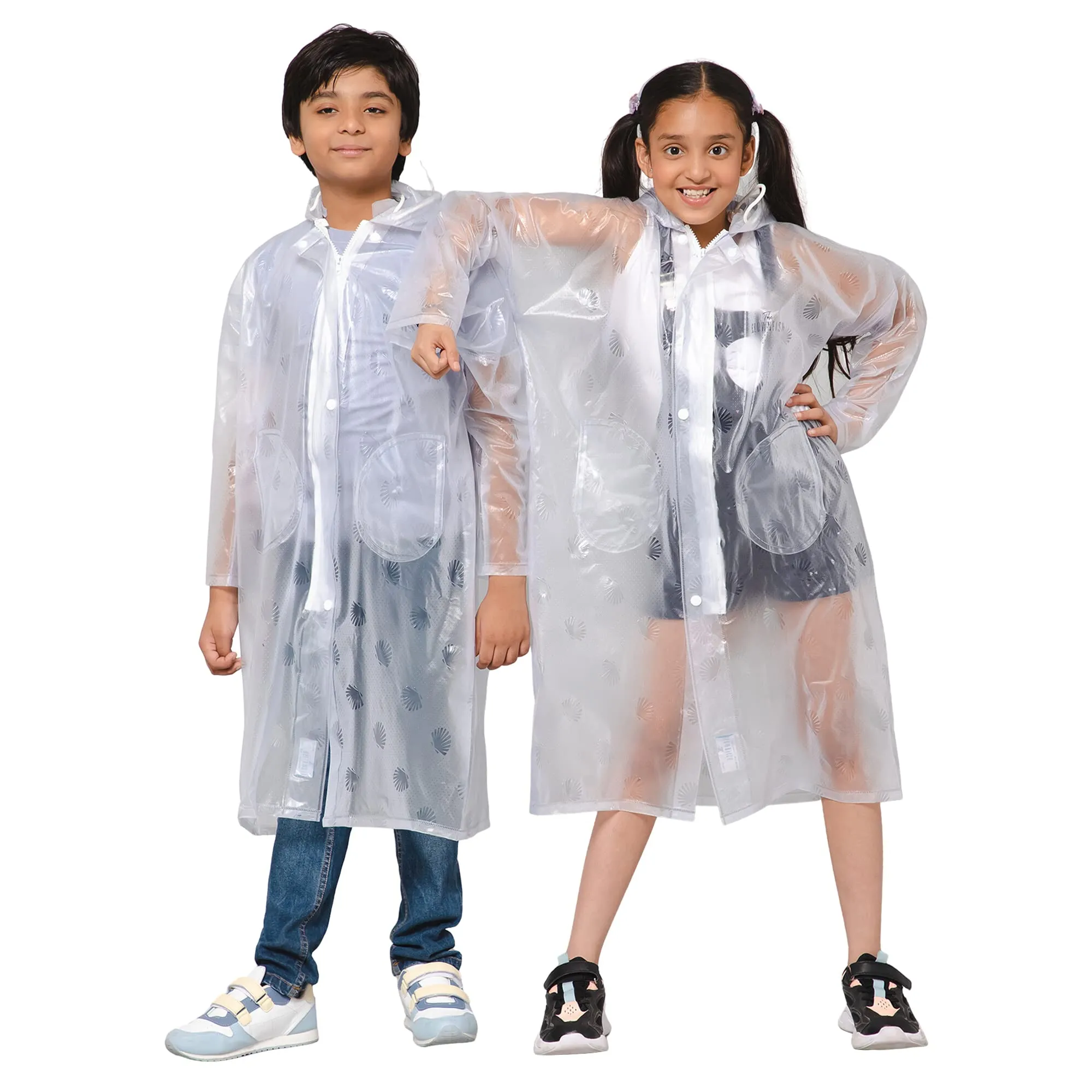 THE CLOWNFISH Storm Shield Series Unisex Kids Waterproof Single Layer PVC Longcoat/Raincoat with Adjustable Hood. Age-7-8 Years (Transparent White)