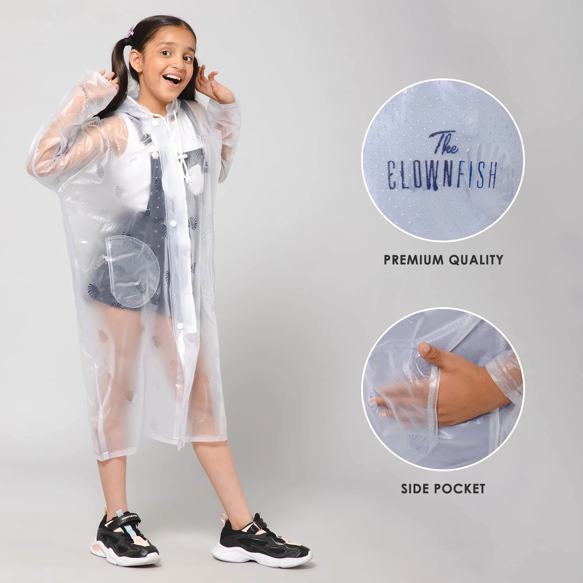 THE CLOWNFISH Storm Shield Series Unisex Kids Waterproof Single Layer PVC Longcoat/Raincoat with Adjustable Hood. Age-7-8 Years (Transparent White)