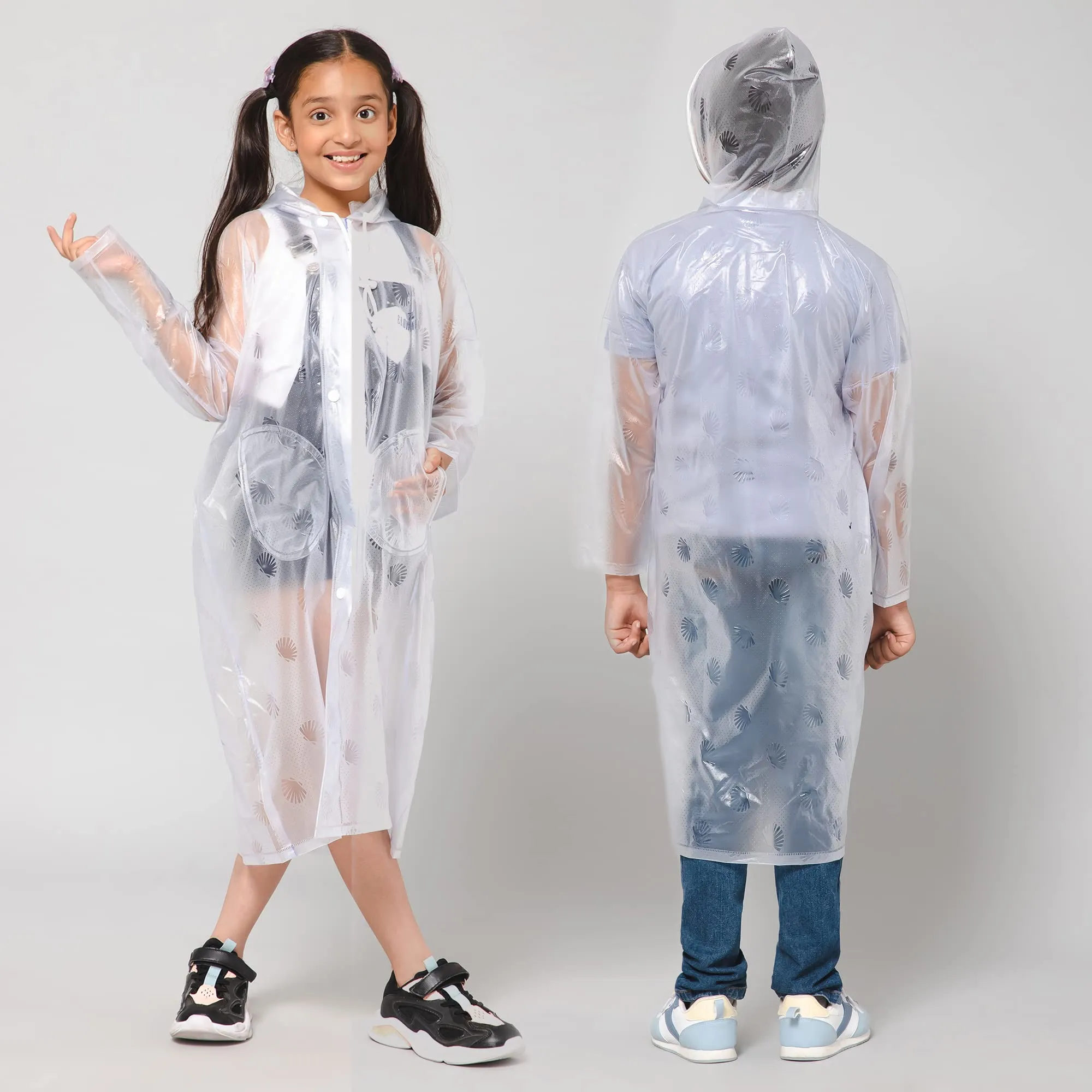 THE CLOWNFISH Storm Shield Series Unisex Kids Waterproof Single Layer PVC Longcoat/Raincoat with Adjustable Hood. Age-7-8 Years (Transparent White)