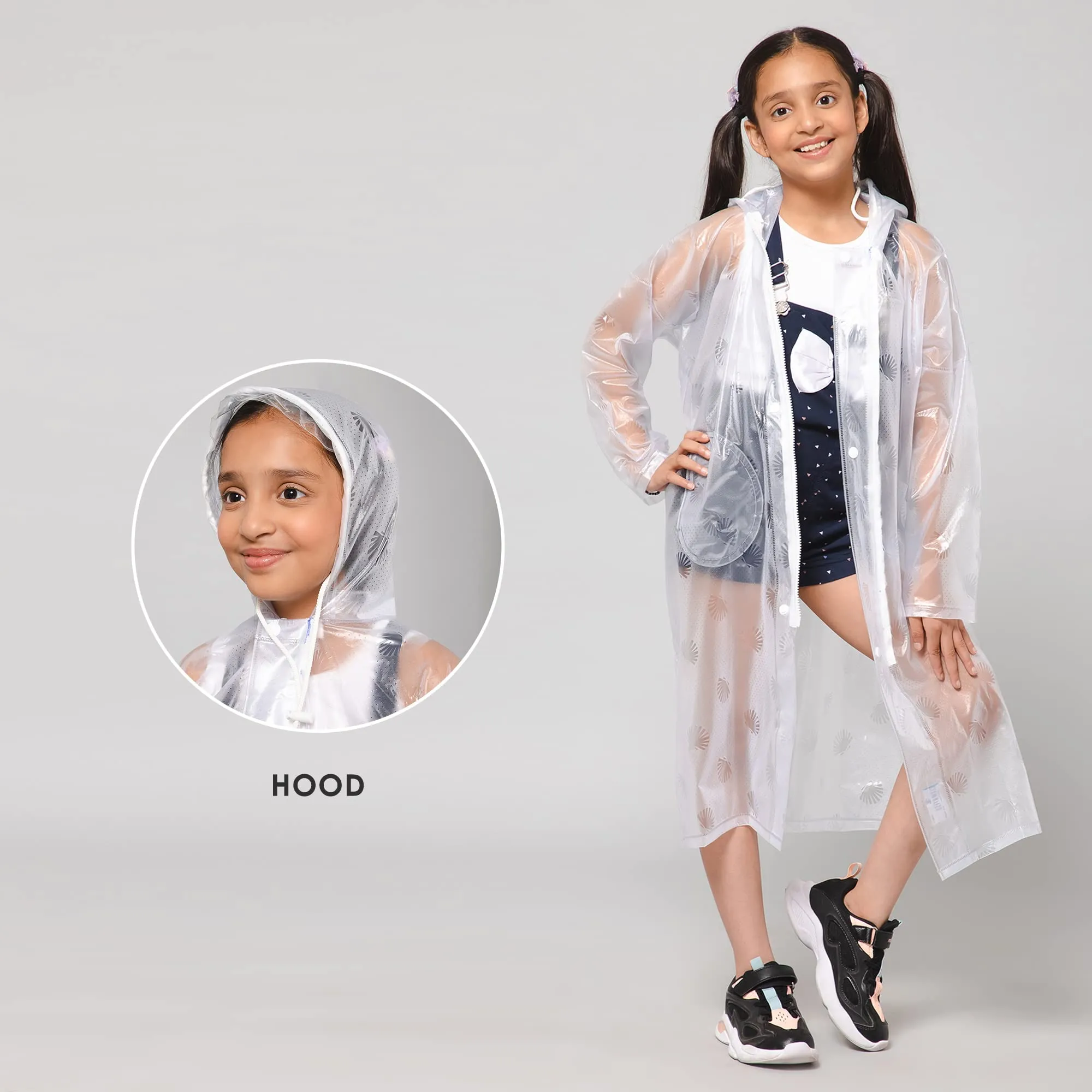 THE CLOWNFISH Storm Shield Series Unisex Kids Waterproof Single Layer PVC Longcoat/Raincoat with Adjustable Hood. Age-7-8 Years (Transparent White)