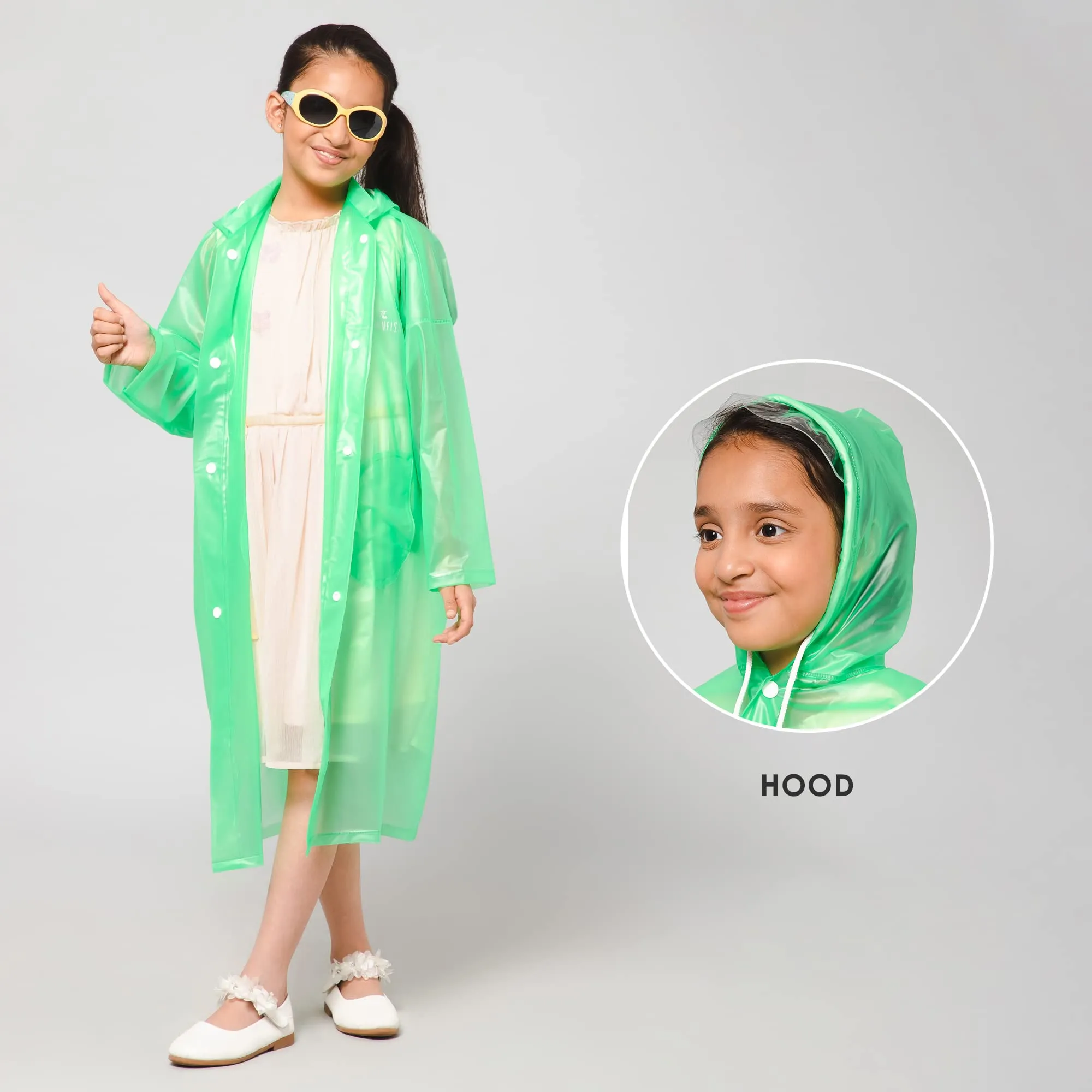 THE CLOWNFISH Wet & Wild Series Unisex Kids Waterproof Single Layer PVC Longcoat/Raincoat with Adjustable Hood. Age-3-4 Years (Fluoroscent Green)