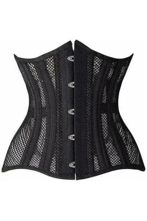 Top Drawer Black Fishnet Double Steel Boned Curvy Cut Waist Cincher Corset