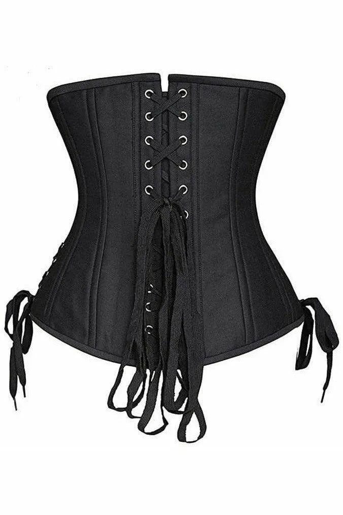 Top Drawer Black Satin Double Steel Boned Curvy Cut Waist Cincher Corset w/Lace-Up Sides