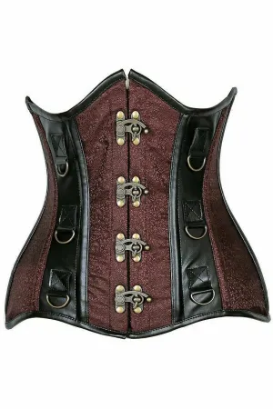 Top Drawer Brown Brocade & Faux Leather Steel Boned Under Bust Corset