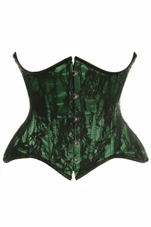 Top Drawer Green w/Black Lace Double Steel Boned Curvy Cut Waist Cincher Corset