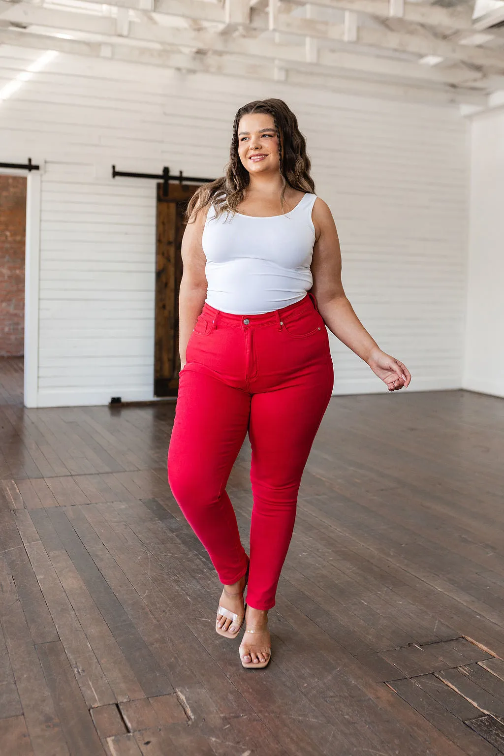 TUMMY CONTROL: Ruby High Rise Skinny Jeans in Red - Judy Blue