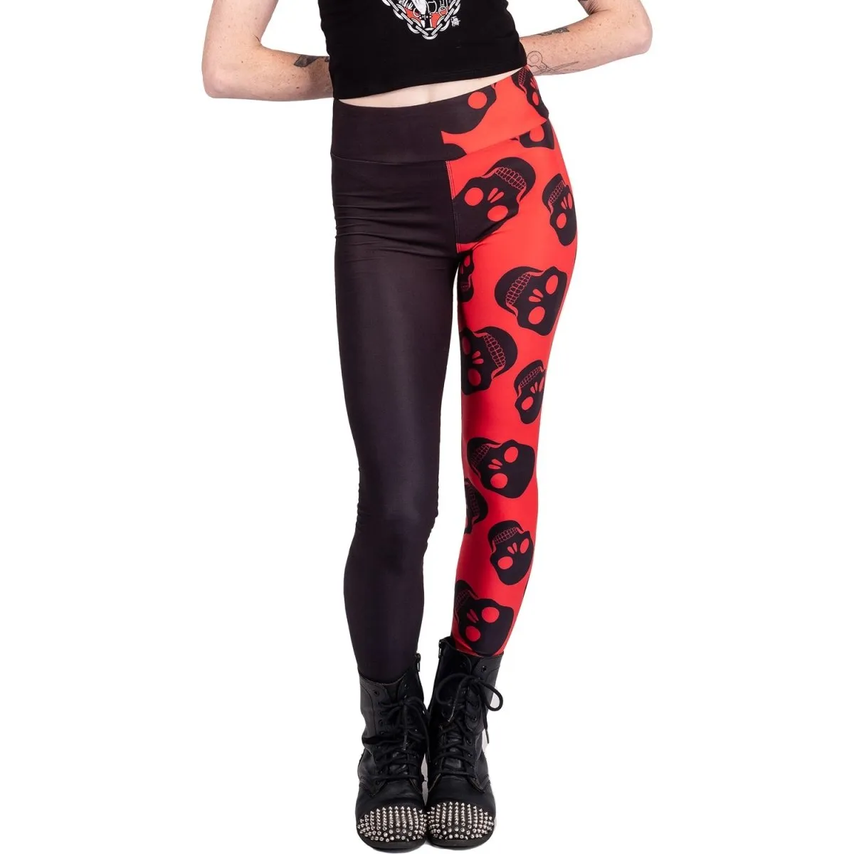 Two Tones Red Skulls High Waist Leggings