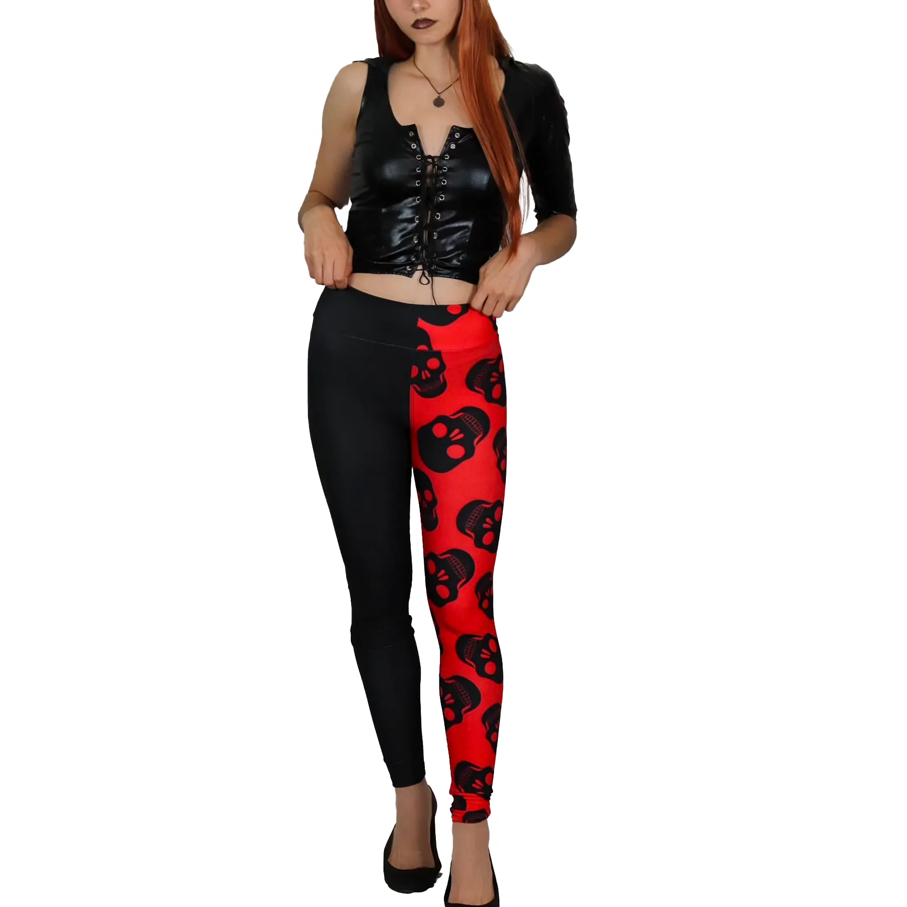 Two Tones Red Skulls High Waist Leggings