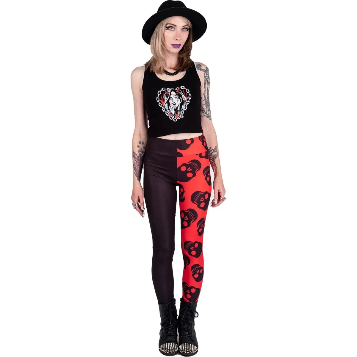 Two Tones Red Skulls High Waist Leggings