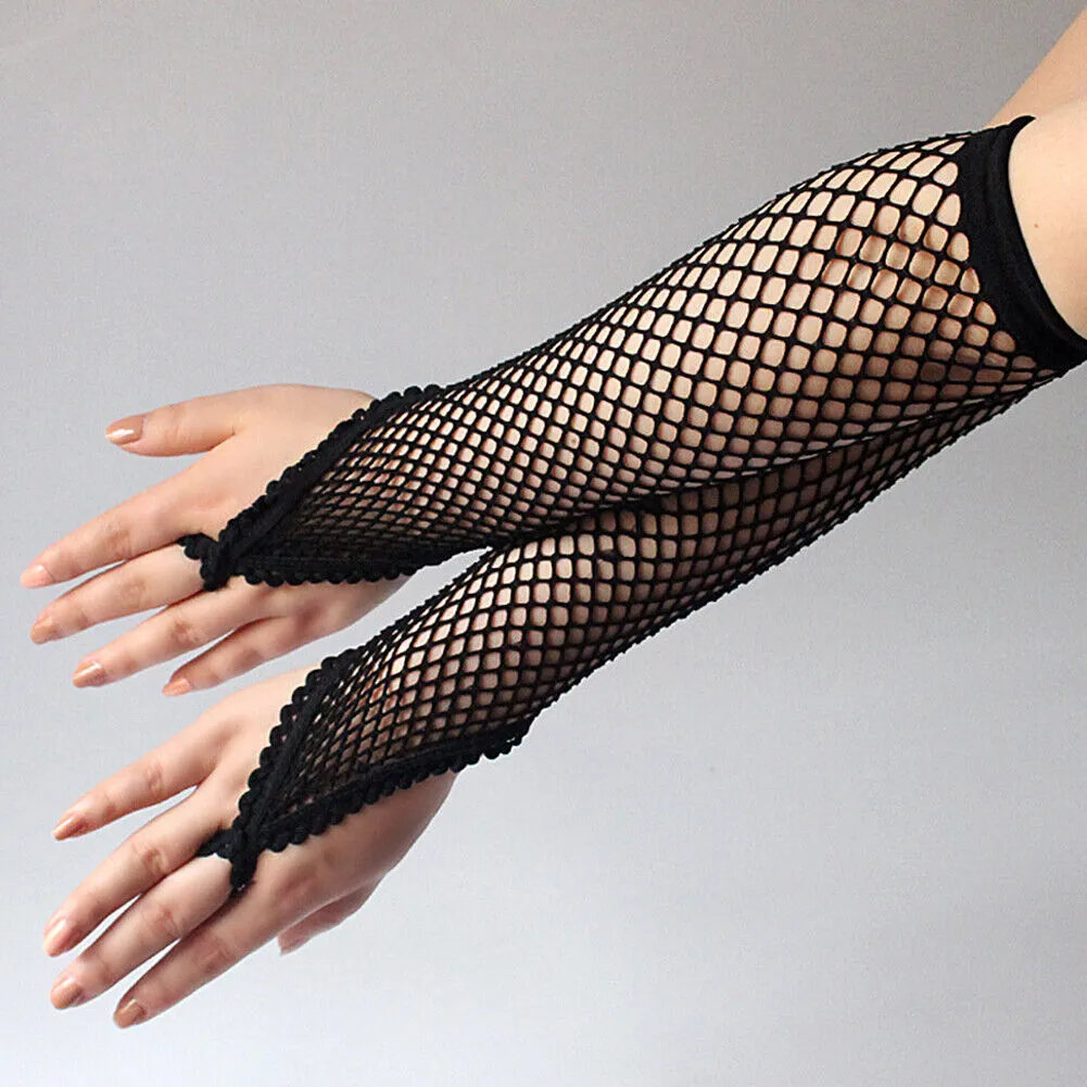 US Women Long Fishnet Gloves Fingerless Loop Gothic Steampunk Haft Arm Length