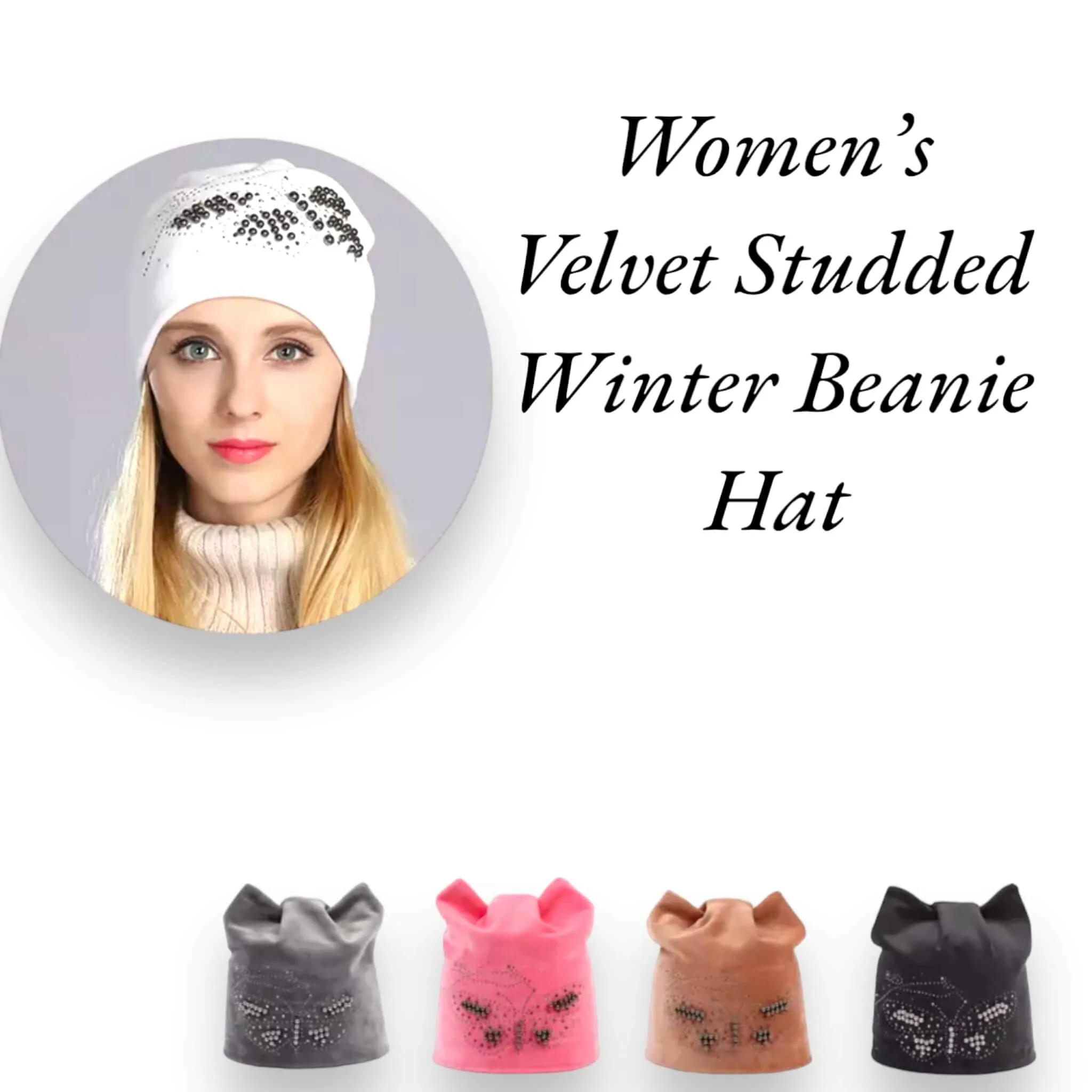 Velour Butterfly Beaded Thick Winter Beanies