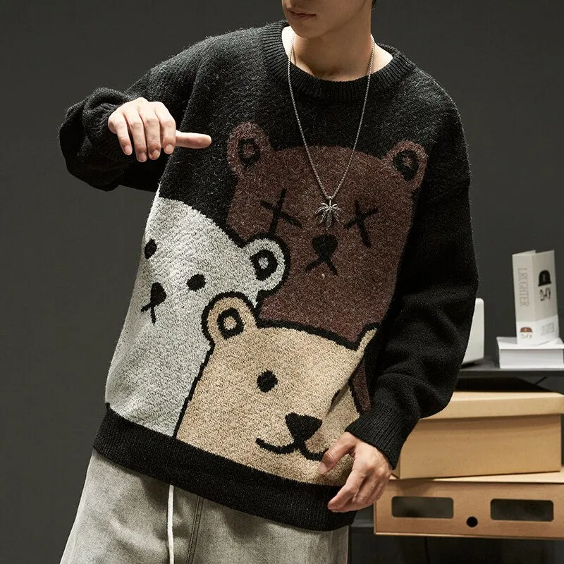 Wenkouban Cartoon Bear Sweater Men's Winter Men's Women's Fashion Long-Sleeved Knitted Pullover Sweater Oversized 2023 New Cotton Coat