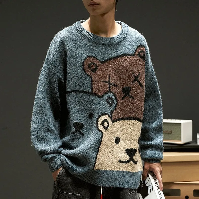 Wenkouban Cartoon Bear Sweater Men's Winter Men's Women's Fashion Long-Sleeved Knitted Pullover Sweater Oversized 2023 New Cotton Coat