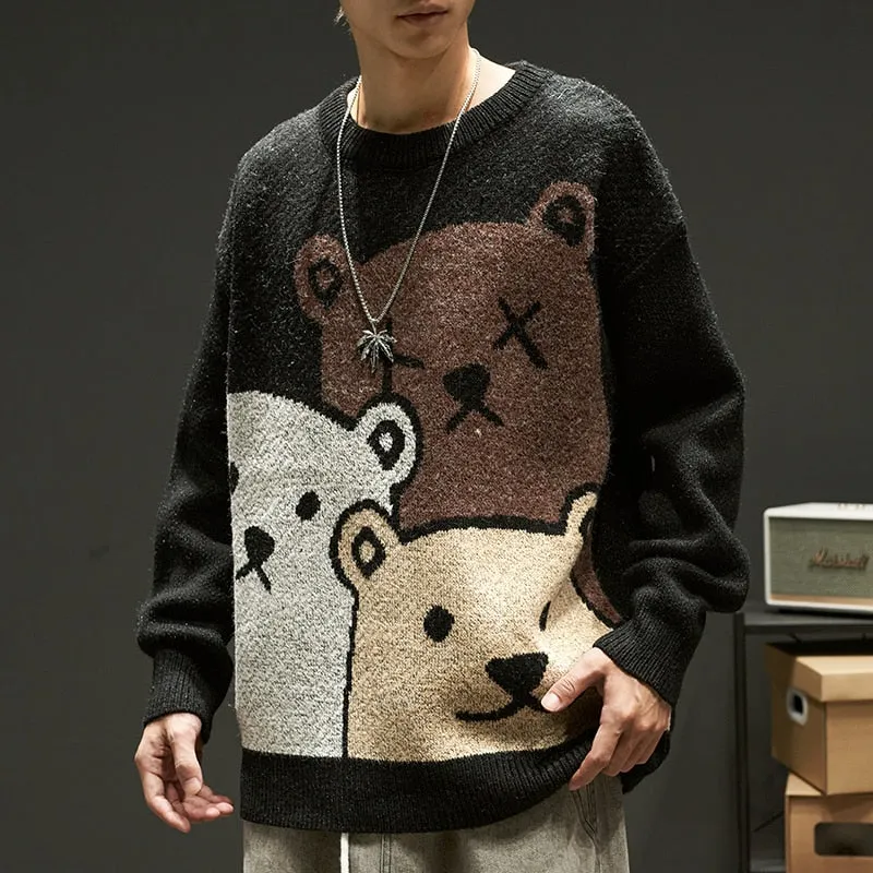 Wenkouban Cartoon Bear Sweater Men's Winter Men's Women's Fashion Long-Sleeved Knitted Pullover Sweater Oversized 2023 New Cotton Coat