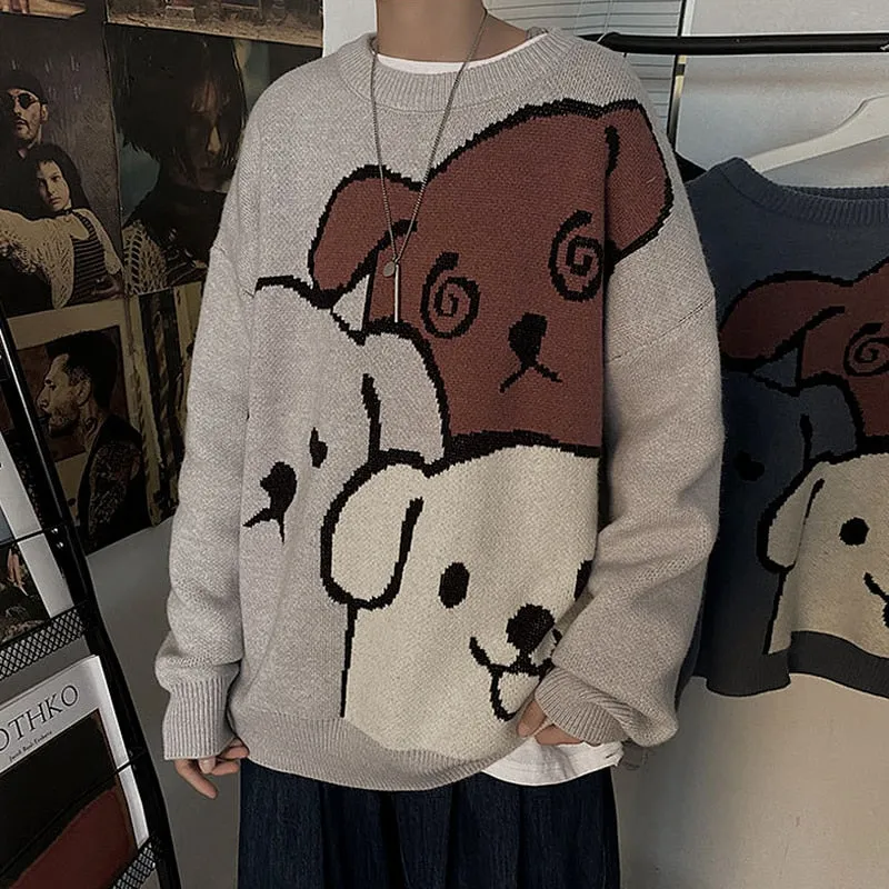 Wenkouban Cartoon Bear Sweater Men's Winter Men's Women's Fashion Long-Sleeved Knitted Pullover Sweater Oversized 2023 New Cotton Coat