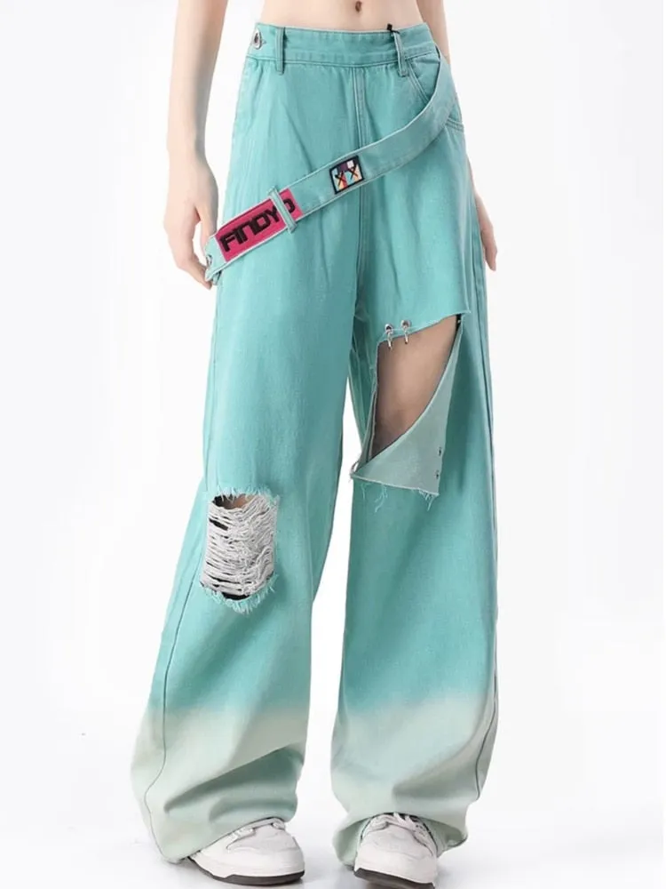 Wenkouban Spring and Autumn Dopamine Leisure Network Red Fried Street Age Reducing Gradient Denim Wide Leg Pants Women's Jeans