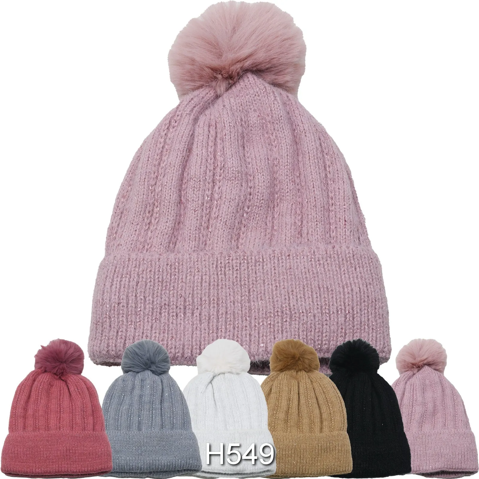 Wholesale Knit Beanie Cuffed Long Hats W/Fur Pom H549