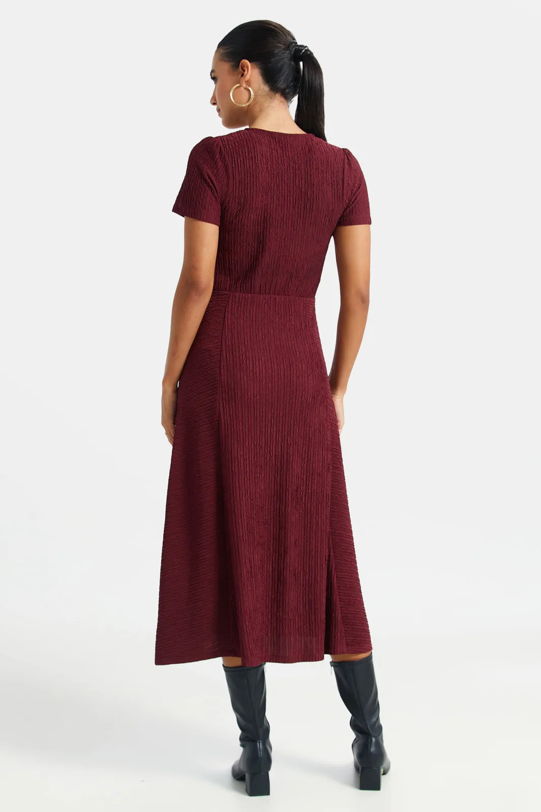 Women Burgundy V-Neck Dress