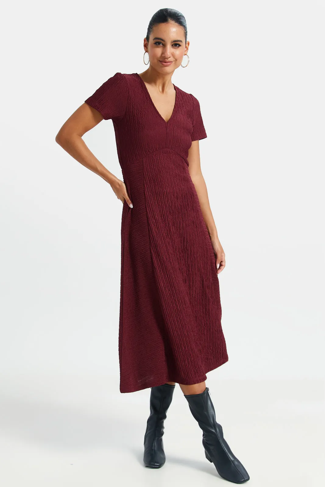 Women Burgundy V-Neck Dress