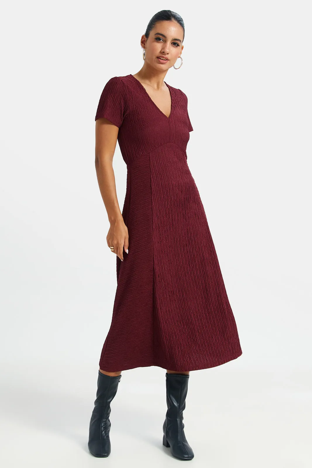 Women Burgundy V-Neck Dress