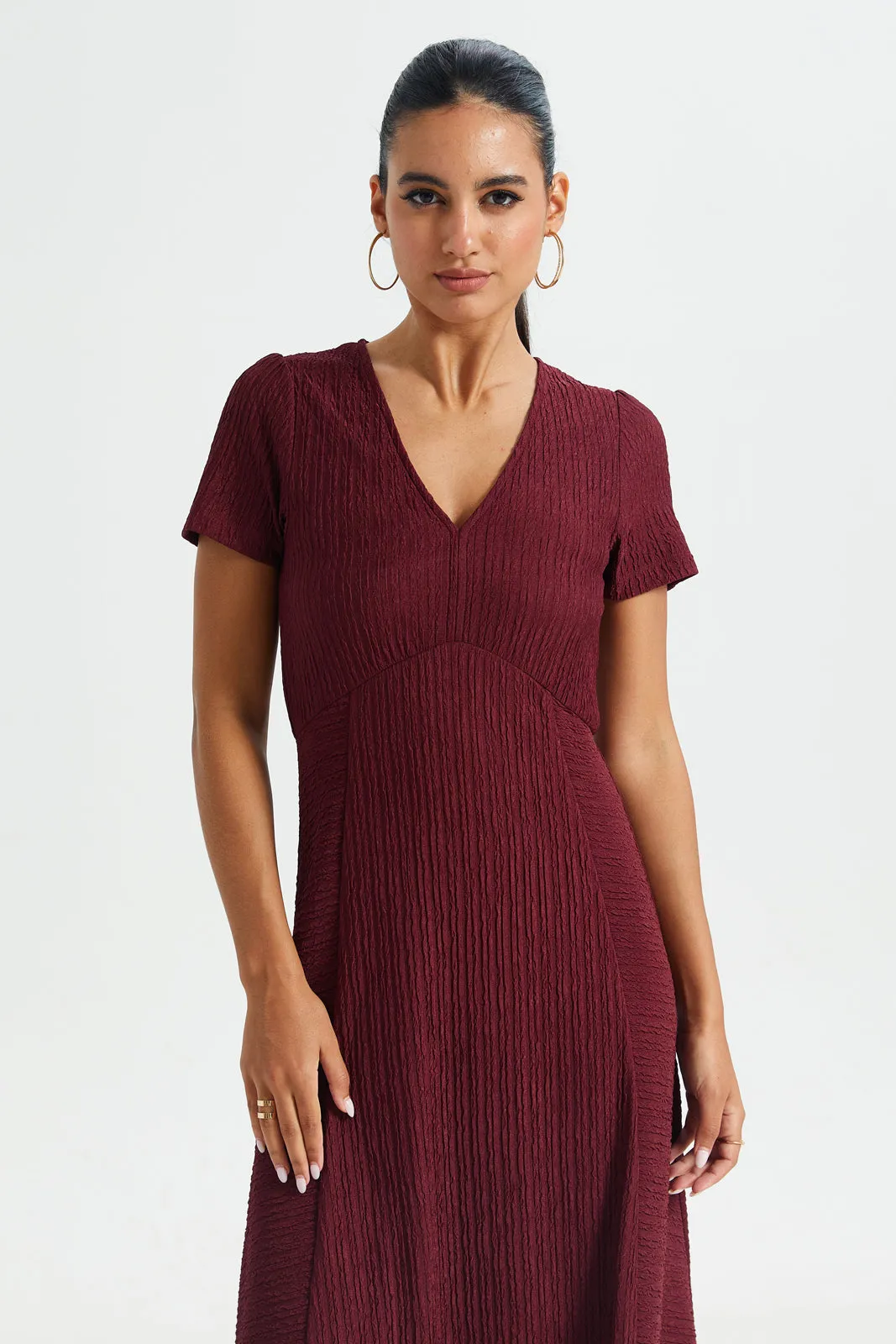 Women Burgundy V-Neck Dress