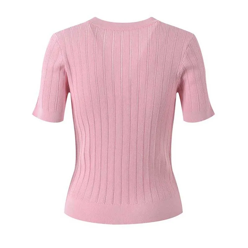 Women Knit Cardigan V-Neckline Cropped Top Short Sleeve Knitted Slim Coat