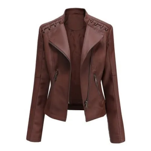 Women Lapel Neck Zip Pocket Top-Stitching Faux Leather Jacket