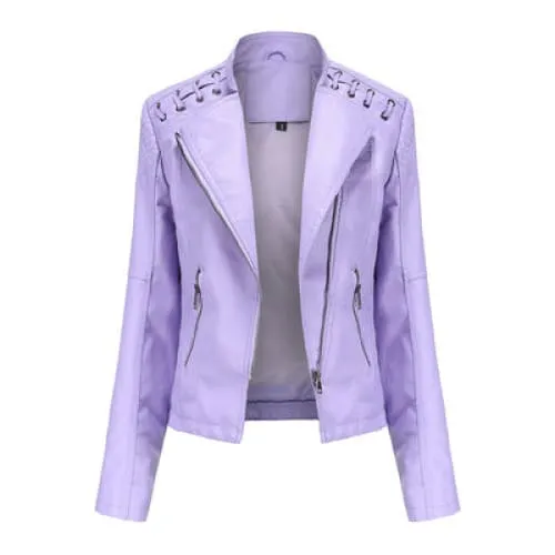 Women Lapel Neck Zip Pocket Top-Stitching Faux Leather Jacket