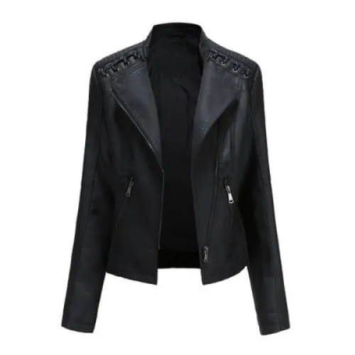 Women Lapel Neck Zip Pocket Top-Stitching Faux Leather Jacket