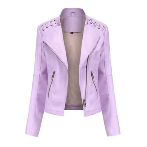 Women Lapel Neck Zip Pocket Top-Stitching Faux Leather Jacket