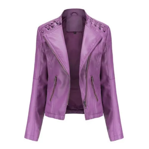 Women Lapel Neck Zip Pocket Top-Stitching Faux Leather Jacket