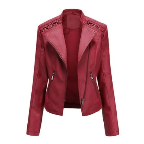 Women Lapel Neck Zip Pocket Top-Stitching Faux Leather Jacket