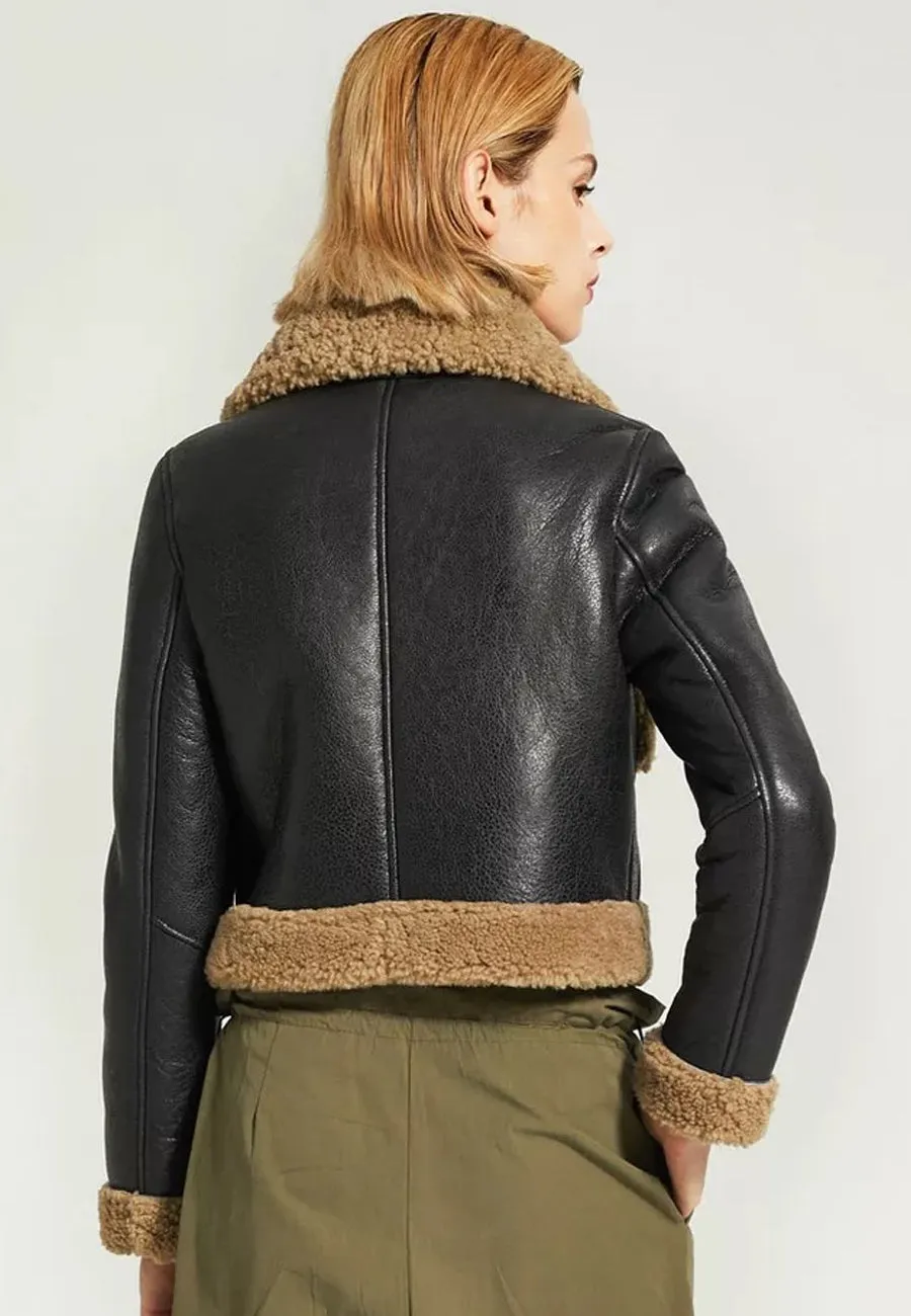 Women's Black Leather Shearling Jacket with Brown Collar