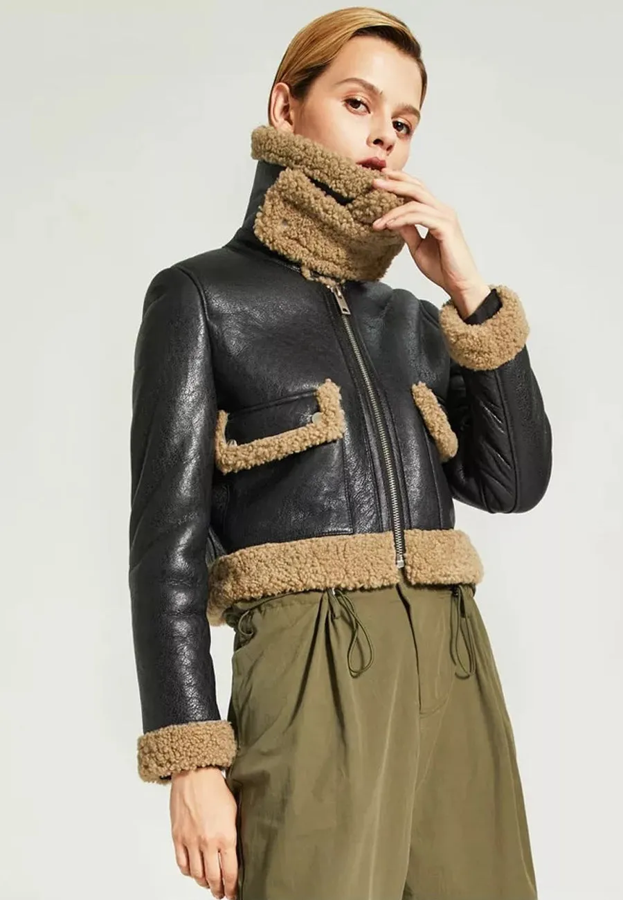 Women's Black Leather Shearling Jacket with Brown Collar