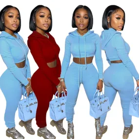 Womens Crop Top 2 Piece Set Hoodies Tracksuit