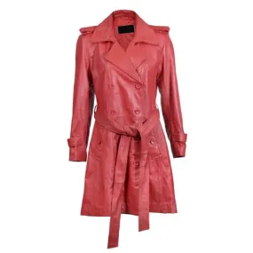 Women's Double Breasted Red Leather Trench Coat With Adjustable Belt