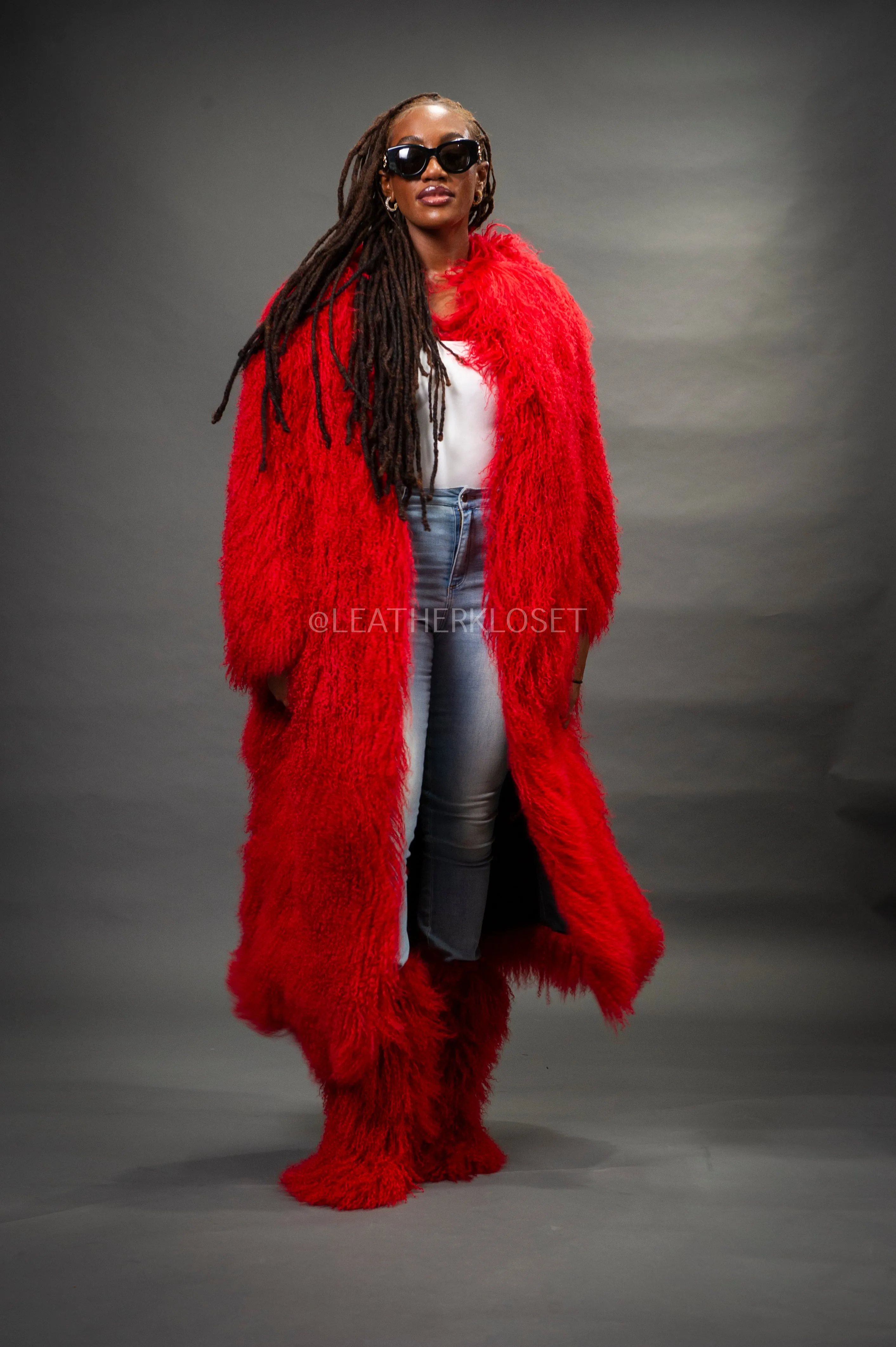 Women's Imani Mongolian Fur Trench Coat [Red]