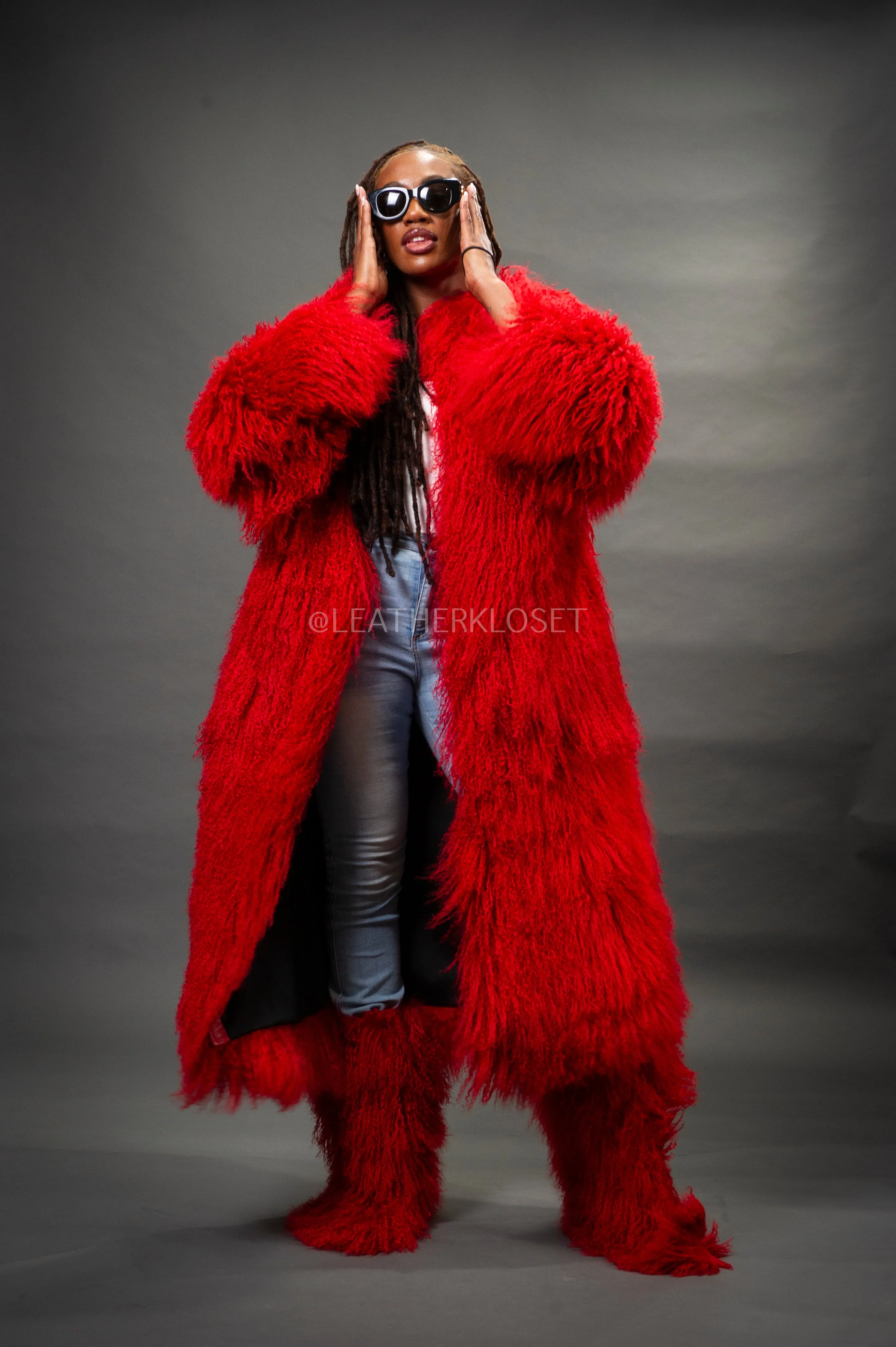 Women's Imani Mongolian Fur Trench Coat [Red]