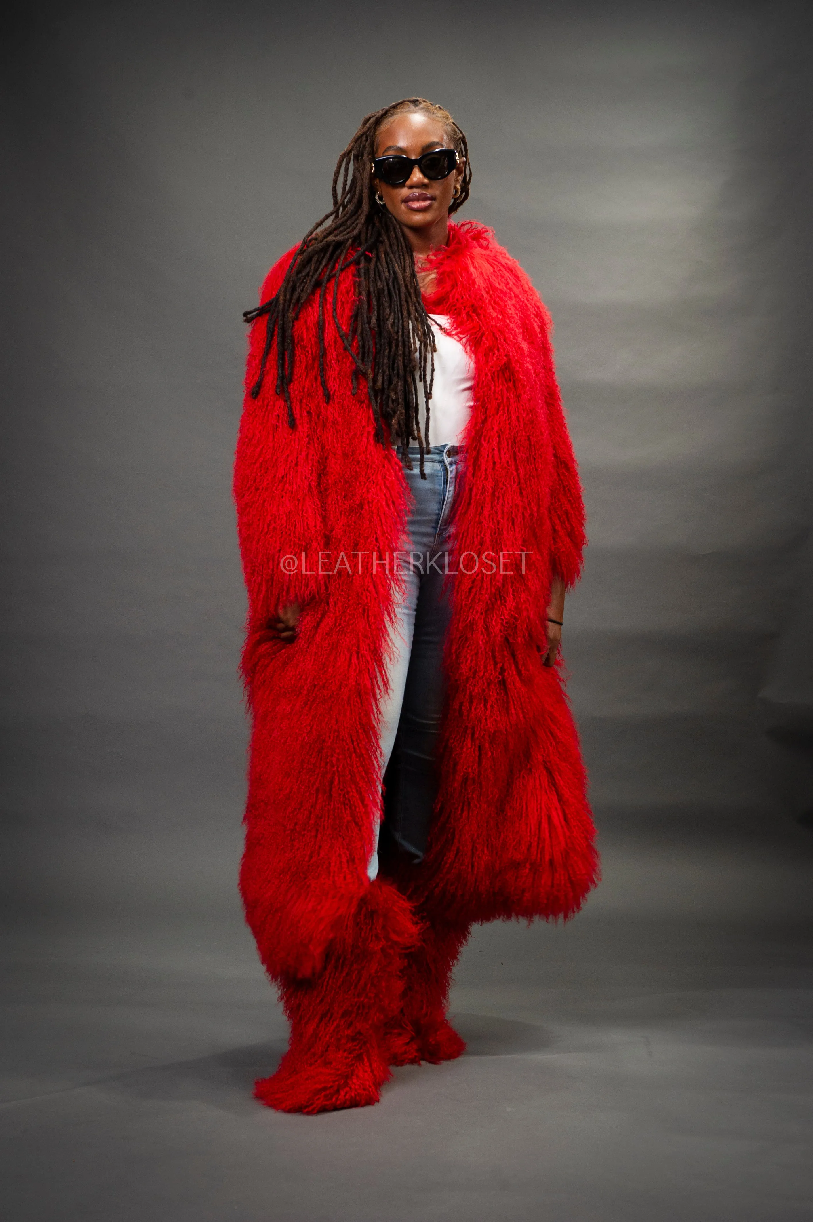 Women's Imani Mongolian Fur Trench Coat [Red]