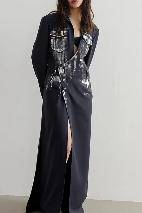 xiangtuibao Metallic Graffiti Print Whimsical Irregular Trench Coat